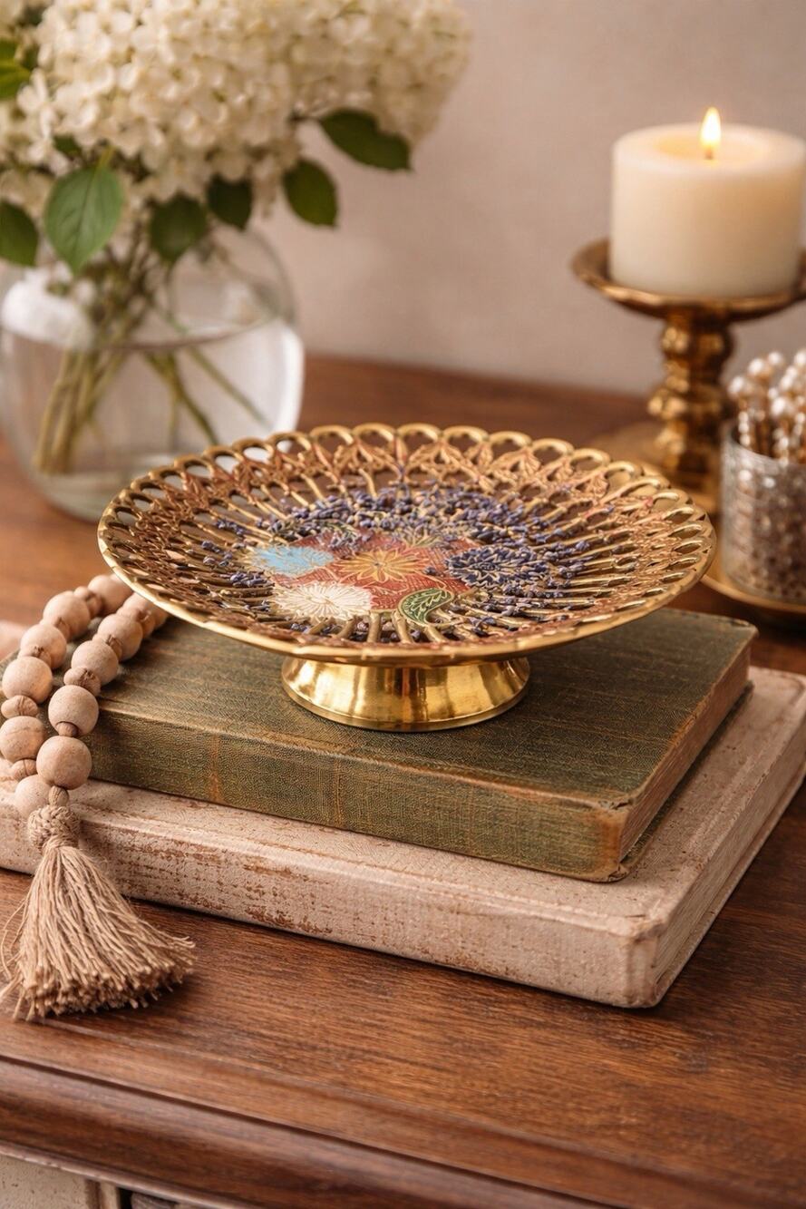 Vintage Solid Brass Pedestal Dish Enamel Floral India Trinket Bowl